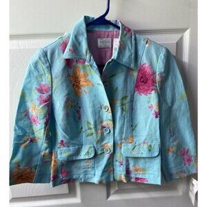 Emma James Linen Jacket Womens 4 Petite Blue Floral Front Pockets Career Office